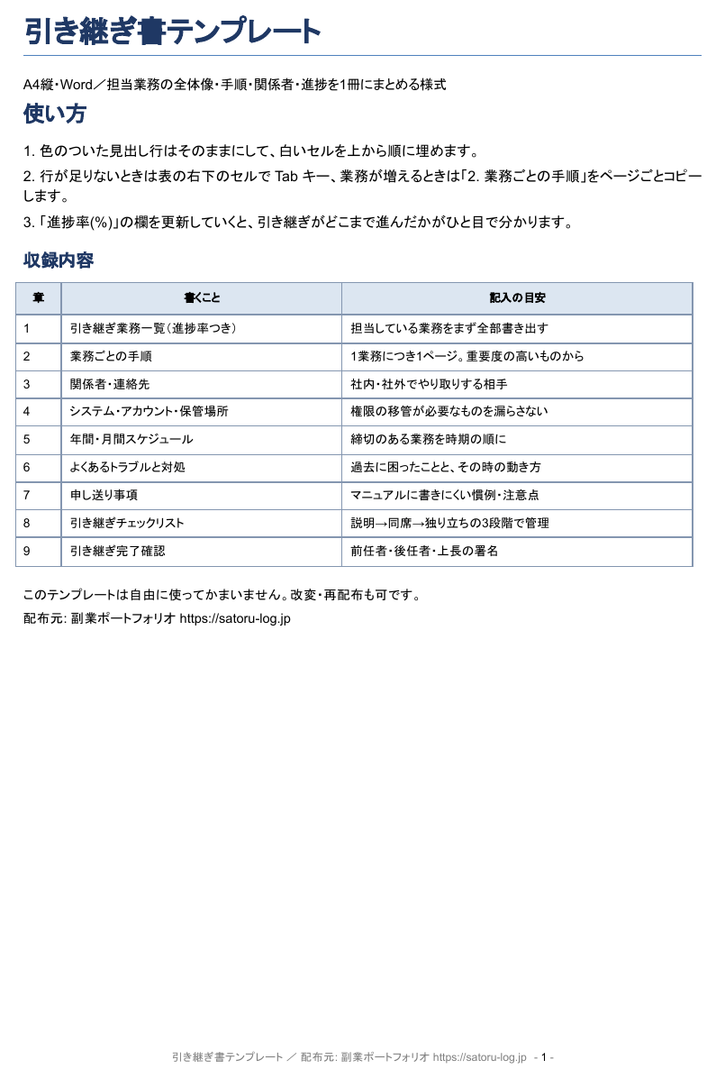 引き継ぎ書テンプレの画面1