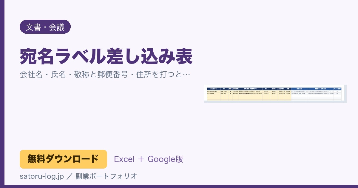 宛名ラベル差し込み表（無料Excelテンプレート）